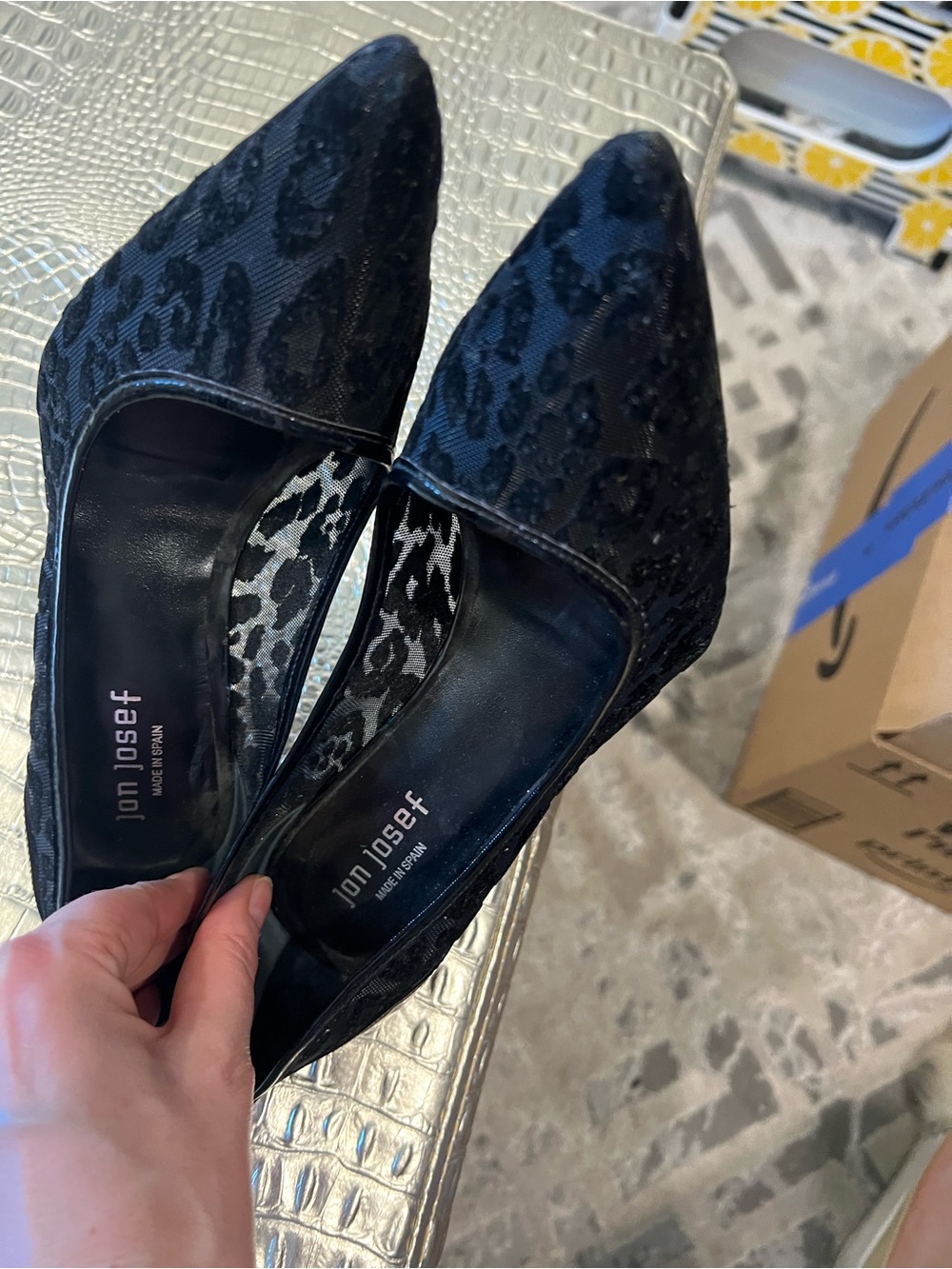 Jon Josef Black Pointed Lace-Pattern Flats — Leopard-Trim Insole
